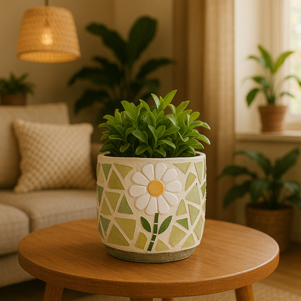 Une mise en scène d’une pièce finie dans un intérieur chaleureux avec des éléments naturels